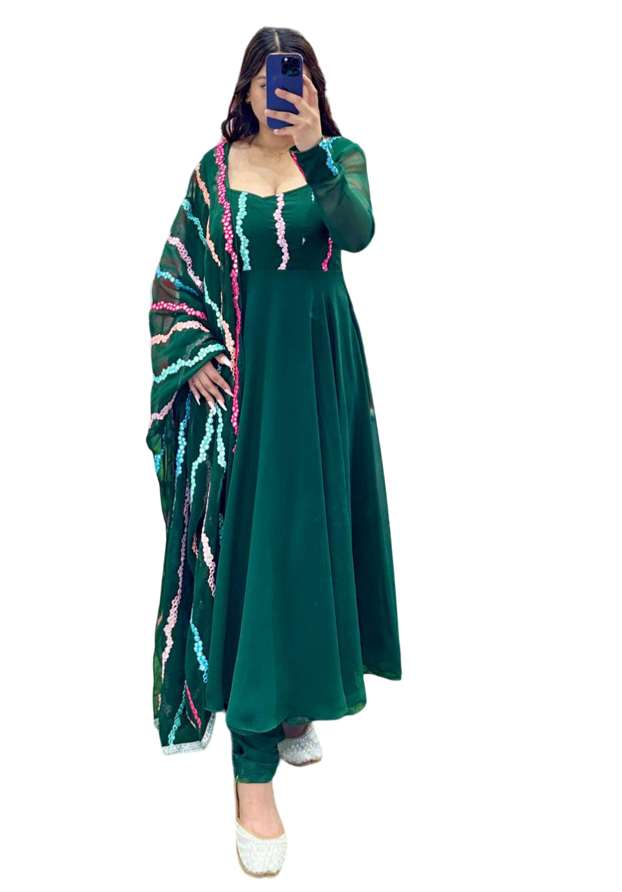 Designer 3 Pc Anarkali Suit-Dark Green